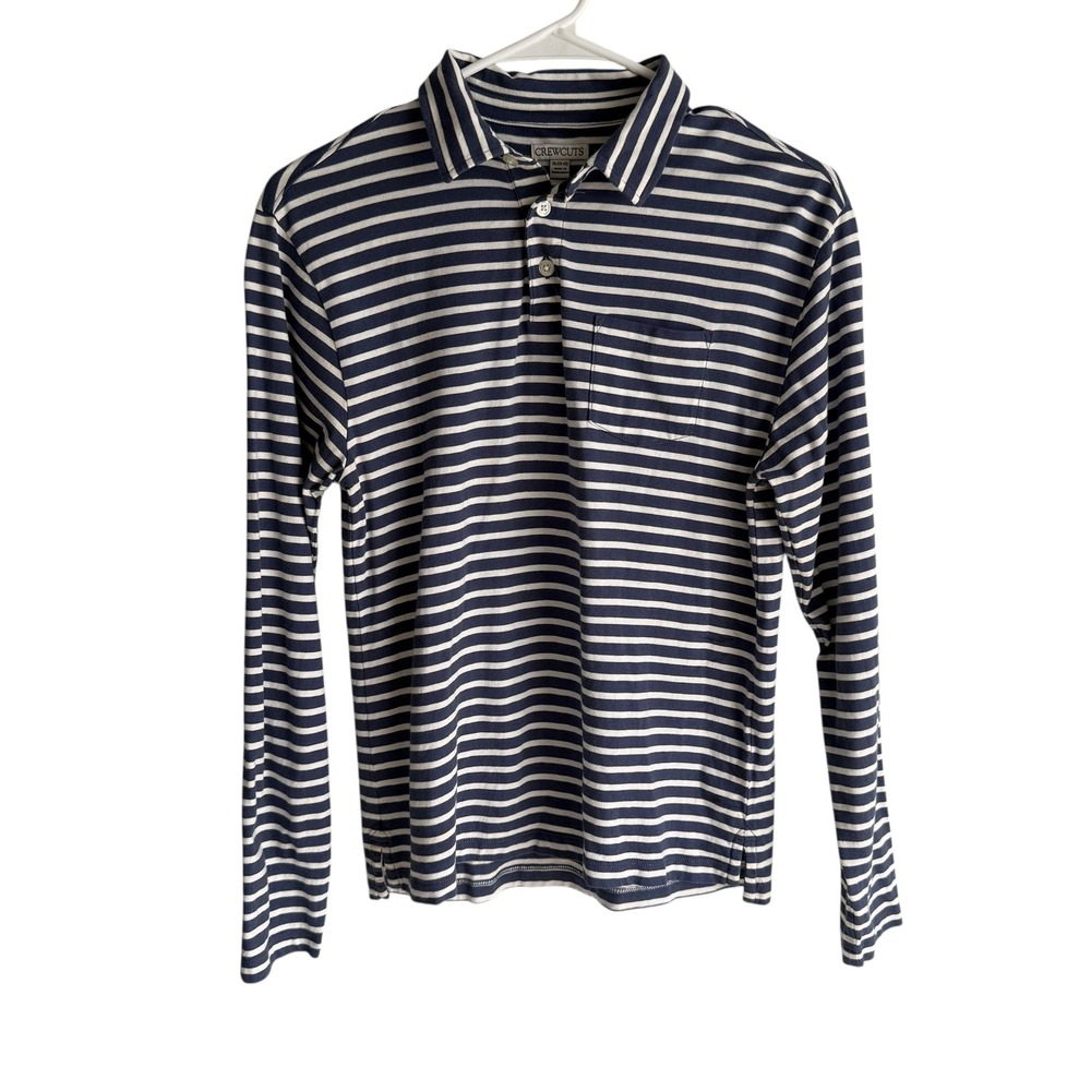 CREWCUTS Boys Long Sleeve Blue White Striped Broke-In-Jersey Polo, 12/13